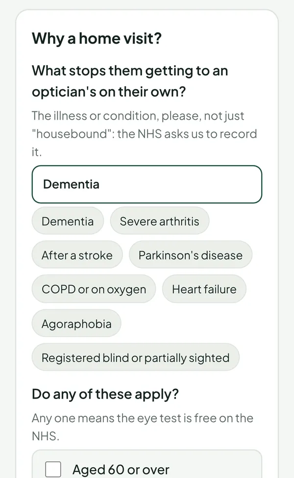 The referral form on a phone: why a home visit is needed, with common conditions to tap.