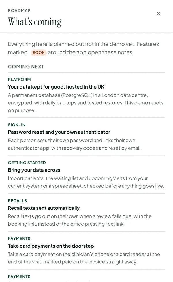 What's coming, inside the app: features planned but not in the demo yet, such as a permanent UK database, password reset and card payments.