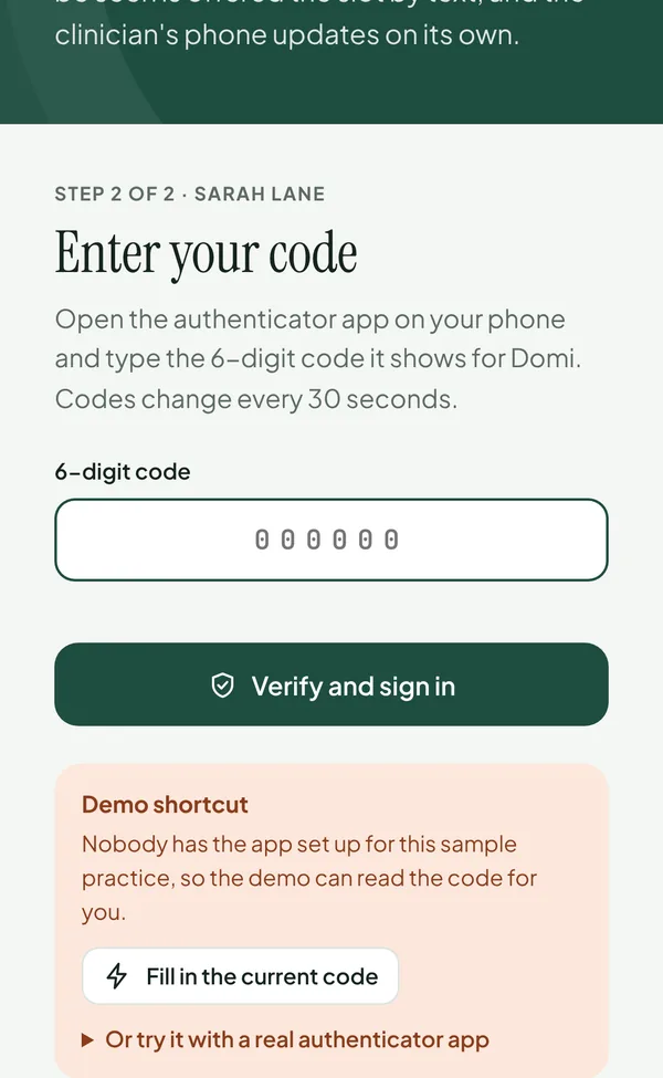 Signing in on a phone: step 2 of 2, enter the six-digit code from your authenticator app.