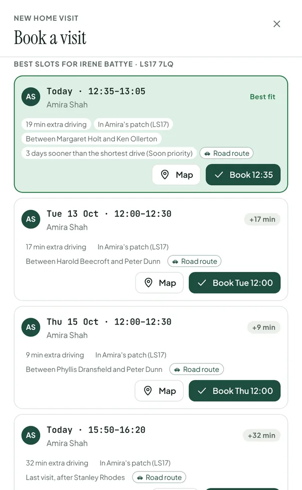 Booking a visit for Irene Battye: the best slots this week, each with the extra driving it adds and the visits it sits between.
