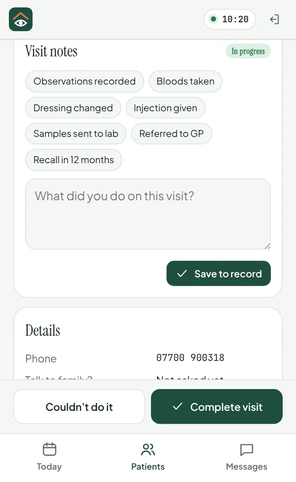 Visit notes on the phone, with quick notes for observations, bloods, dressings and injections.