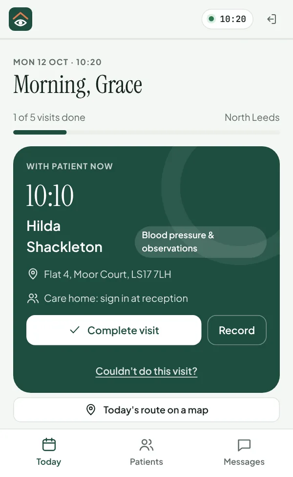 The nurse's day on a phone: the patient they're with now and the visit, with buttons to complete it.