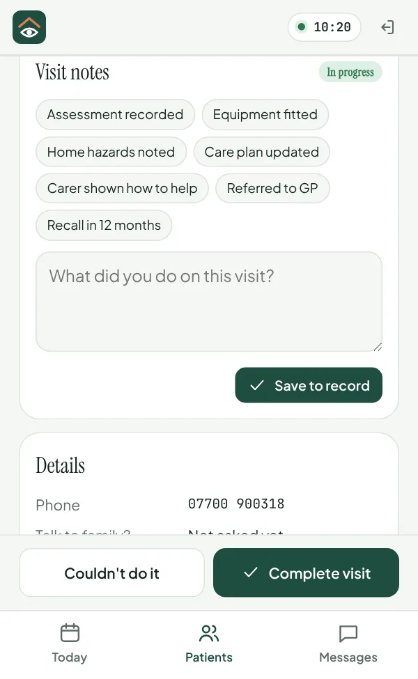 Visit notes on the phone, with quick notes for the assessment, equipment fitted and home hazards.